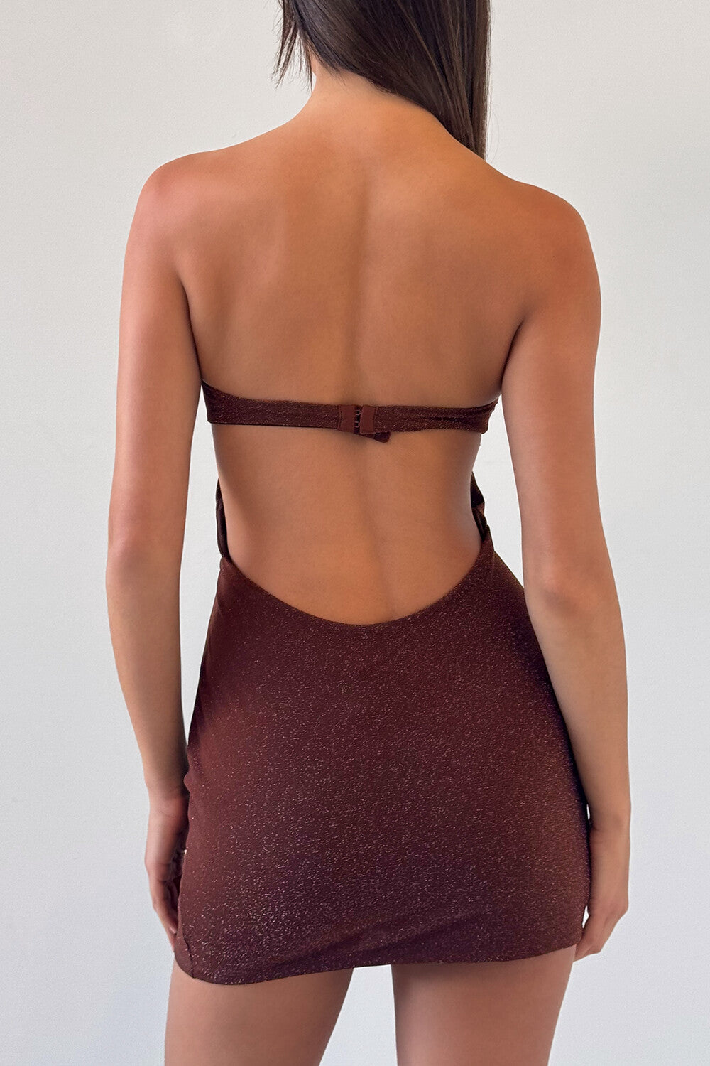 Strapless Cutout Draped Design Shimmering Mini Dresses - Brown Pre Order