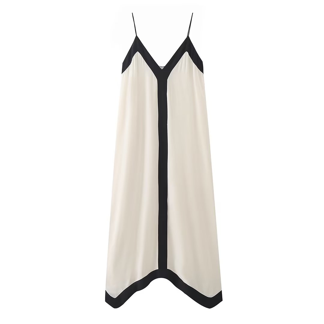 Woman Contrast V-neck Slip Dress Casual Sleeveless Backless Midi Long Dresses Robe Vestidos