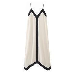 Woman Contrast V-neck Slip Dress Casual Sleeveless Backless Midi Long Dresses Robe Vestidos