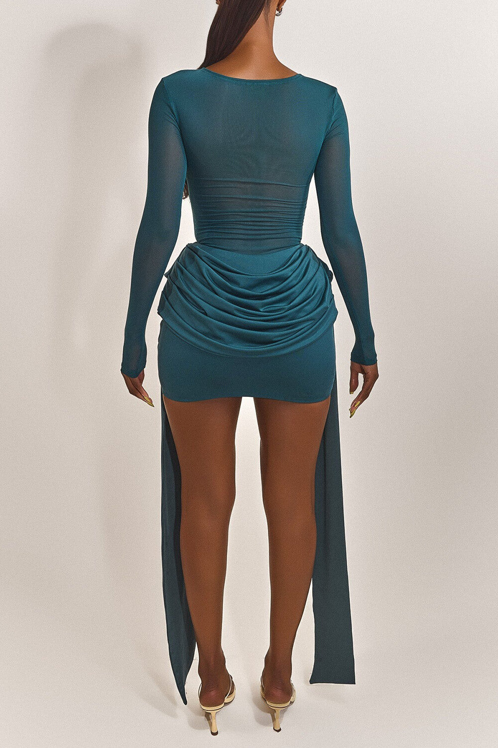 Mesh Patchwork Long Sleeve Ruched Fitted Sash Mini Dresses - Blue Pre Order
