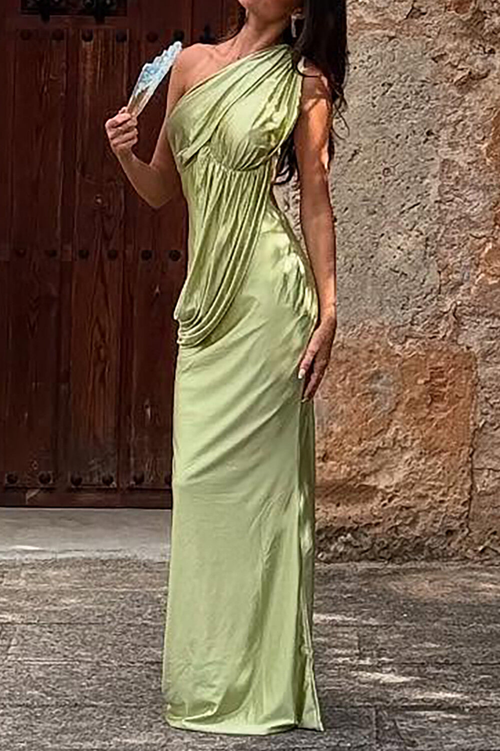 One Shoulder Ruched Overlay Backless Gowns Maxi Dresses - Green Pre Order