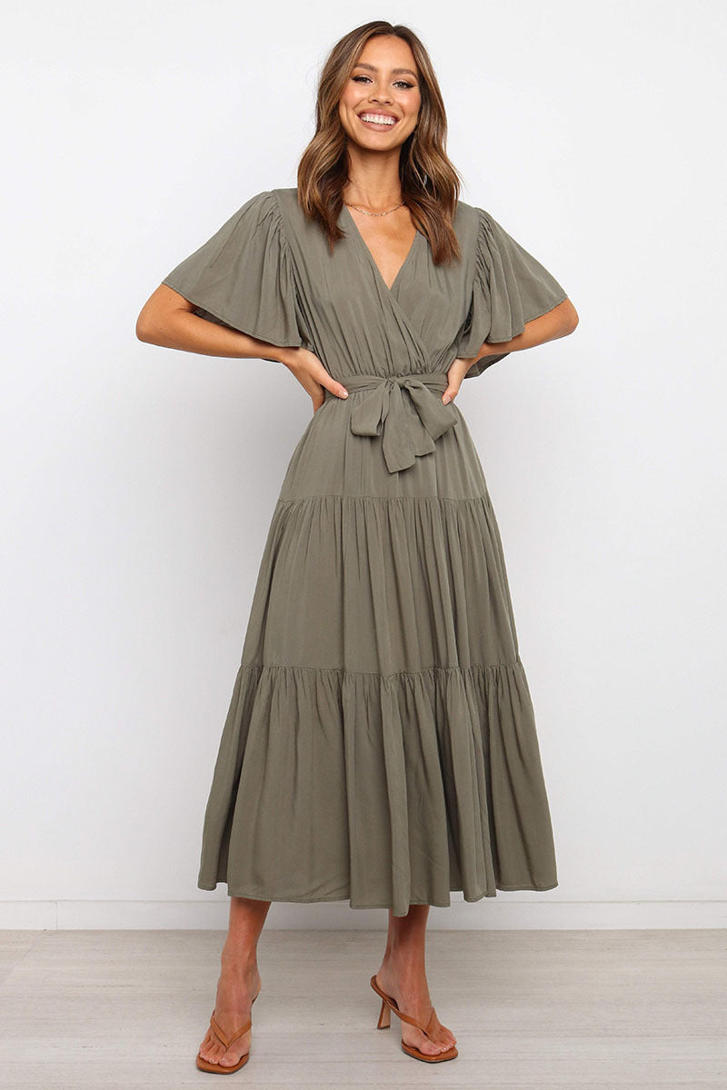 Solid Color Short-Sleeved Long Skirt Dress Dress V-Neck Lace-Up Dress