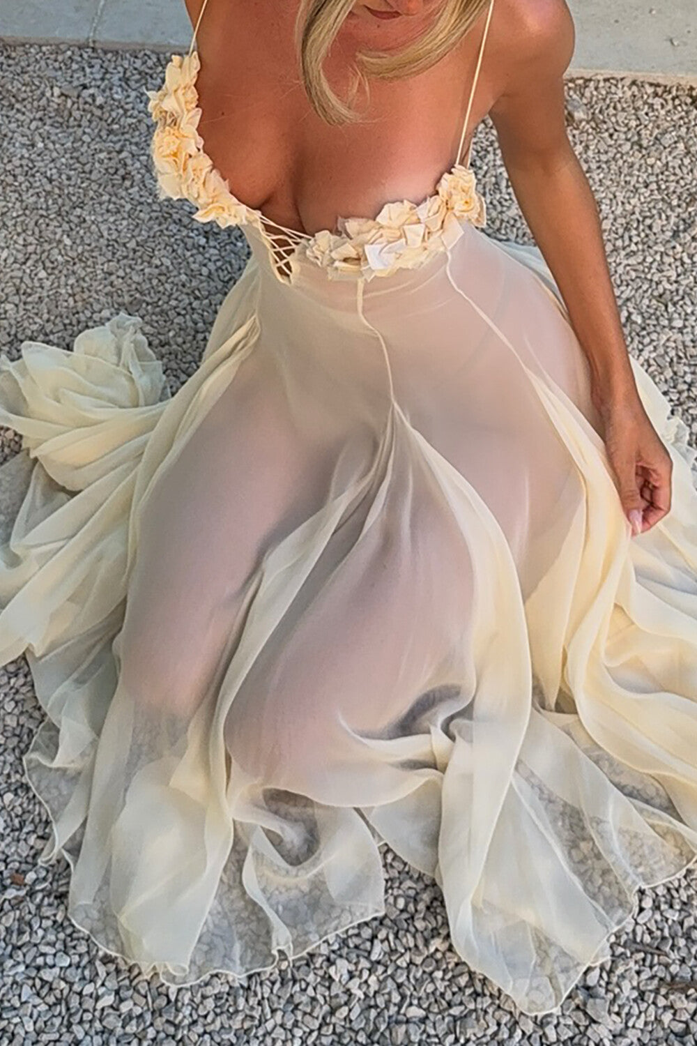 Petal Decor Ruffled Hem See Through Slip Midi Dresses - Beige Pre Order