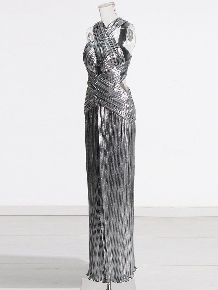 Socialite style banquet dress long skirt cross hanging neck and waist slimming dress