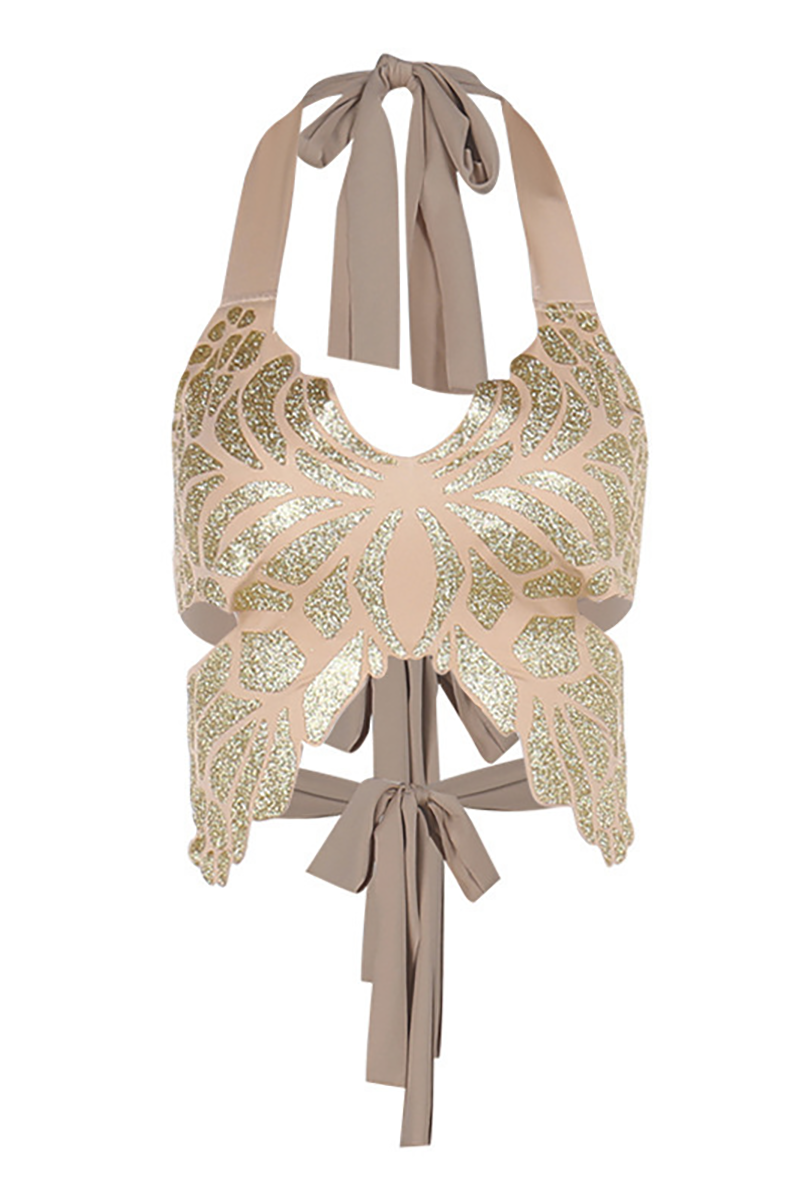 Butterfly Pattern Halter Neck Crop Top - Gold