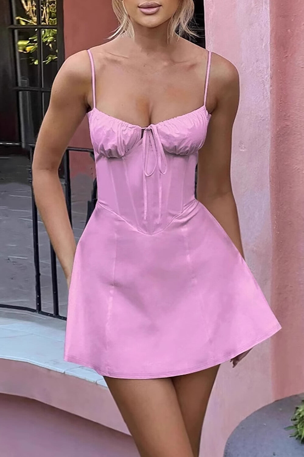 Front Tie Up Corset Design Solid Color A - Line Slip Mini Dresses - Yellow