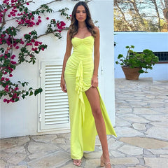 Autumn and Winter Hanging Neck One line Neck Drawn Pleated Split Slim Fit Dress