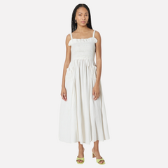 French retro white camisole backless pleated skirt with cinched waist and long style slimming dress