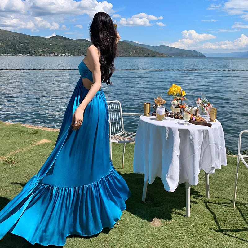 Seaside vacation beach dress, halterneck, backless suspender dress, elegant bohemian long dress