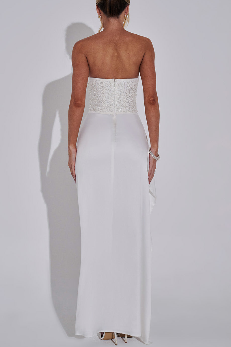 Sequin Strapless Corset High Slit Party Maxi Dresses - White