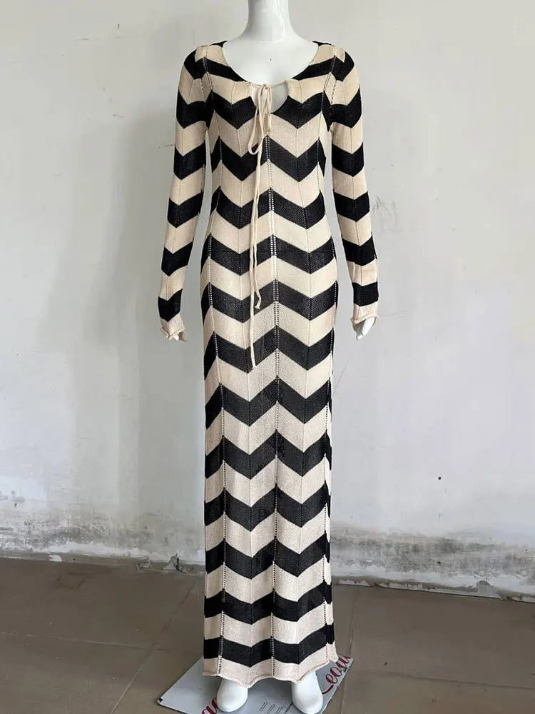GACVGA Knitted Stripe Full Sleeve Maxi Dress Hollow Out Beach Elegant Slim Party Club Long Dress