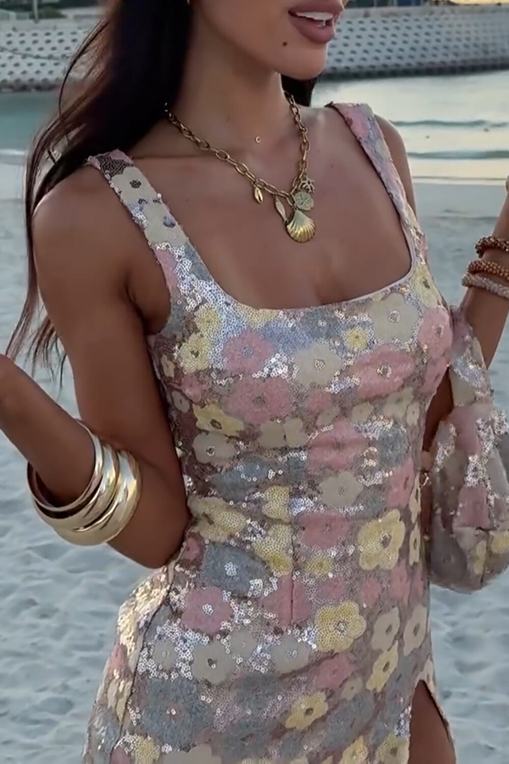 Sequin Floral Pattern Square Neck Slit Slip Mini Dresses - Silver