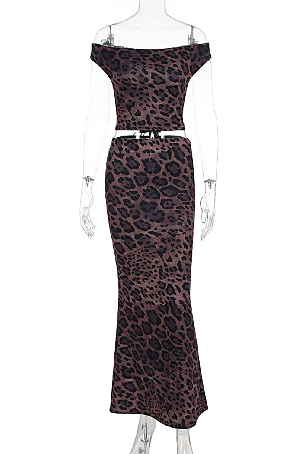 Leopard Print Off Shoulder Crop Top Slim Fit Maxi Skirt 2pcs Set - Brown