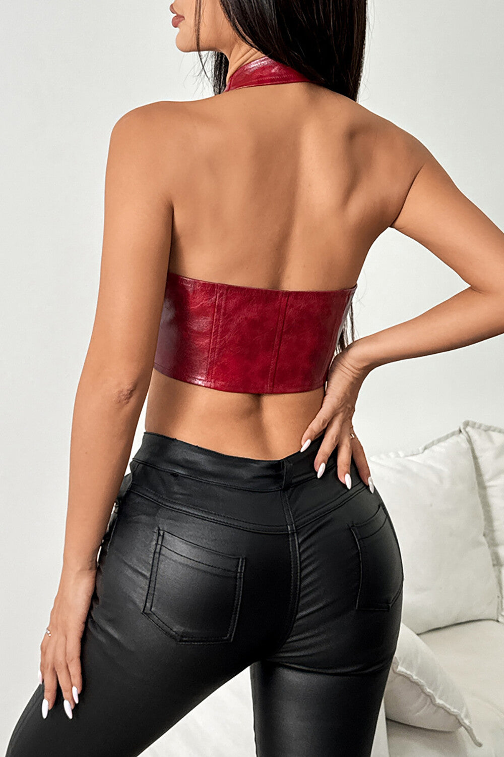 Front Lace Up Deep V Neck PU Leather Halter Crop Top - Brown