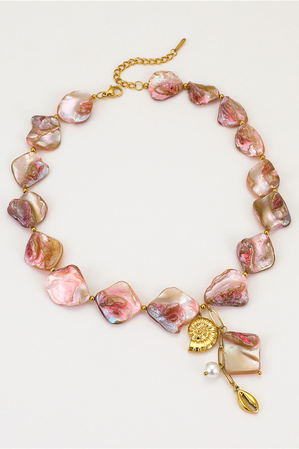 Pink Shell Beaded Alloy Conch Faux Pearl Pendants Vacation Necklace