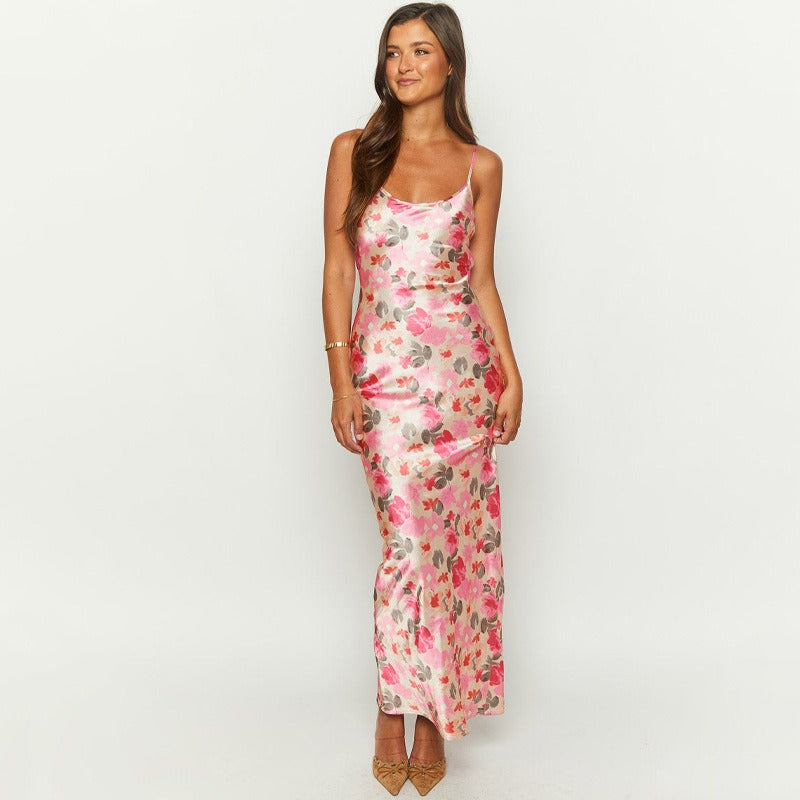 sexy backless printed slim fit suspender dress