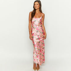 sexy backless printed slim fit suspender dress