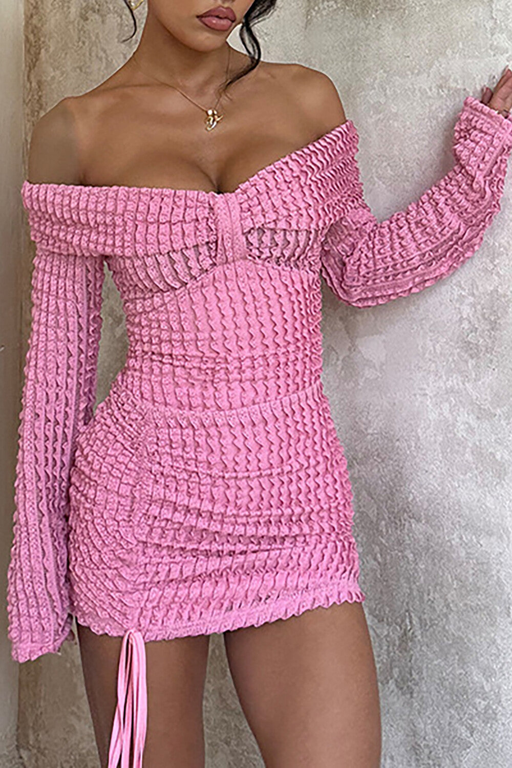 Textured Jacquard Solid Color Off Shoulder Long Sleeve Fitted Mini Dresses - Pink