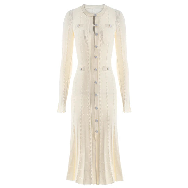 Early Fall Luxury Brief Gentle Beige Color Midi Knitting Dress Quality Buttons Strongly Elastic