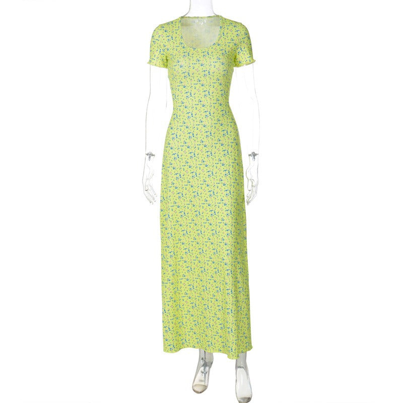 printed U-neck back strap short sleeved dress
