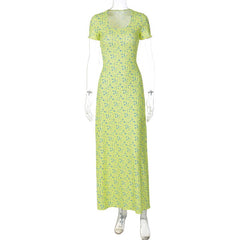 printed U-neck back strap short sleeved dress