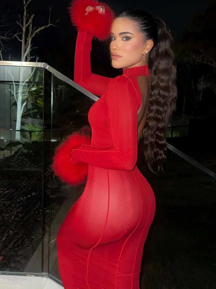 Feather Long Sleeves Bright Line Sexy Prom Dress Fall Women Elegant Casual Outfit Evening Party Club