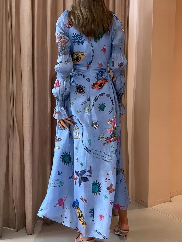 Spring Women Hollow Out Party Dress Printing Loungewear O-Neck Long Lantern Sleeve Loose Ladies Maxi Dress Streetwear
