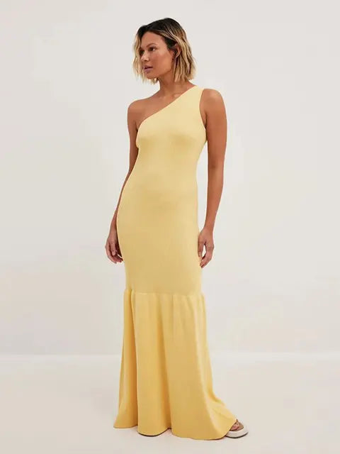 One Shoulder Knitted Patchwork Maxi Dress Women Diagonal Collar Sleeveless Bodycon Dresses Beach Vacation Robe