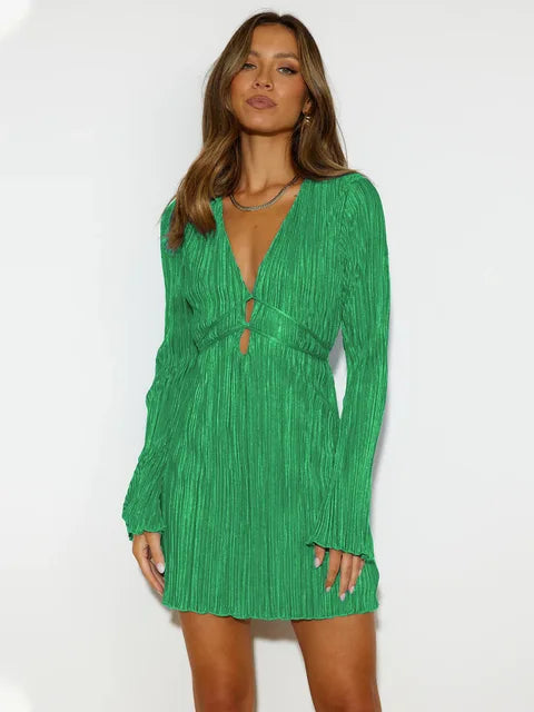 Elegant Women Dress Solid Color Flare Sleeves High Waist Long Sleeves A-line Skirt Simple Slim Fit Lace-up Dress