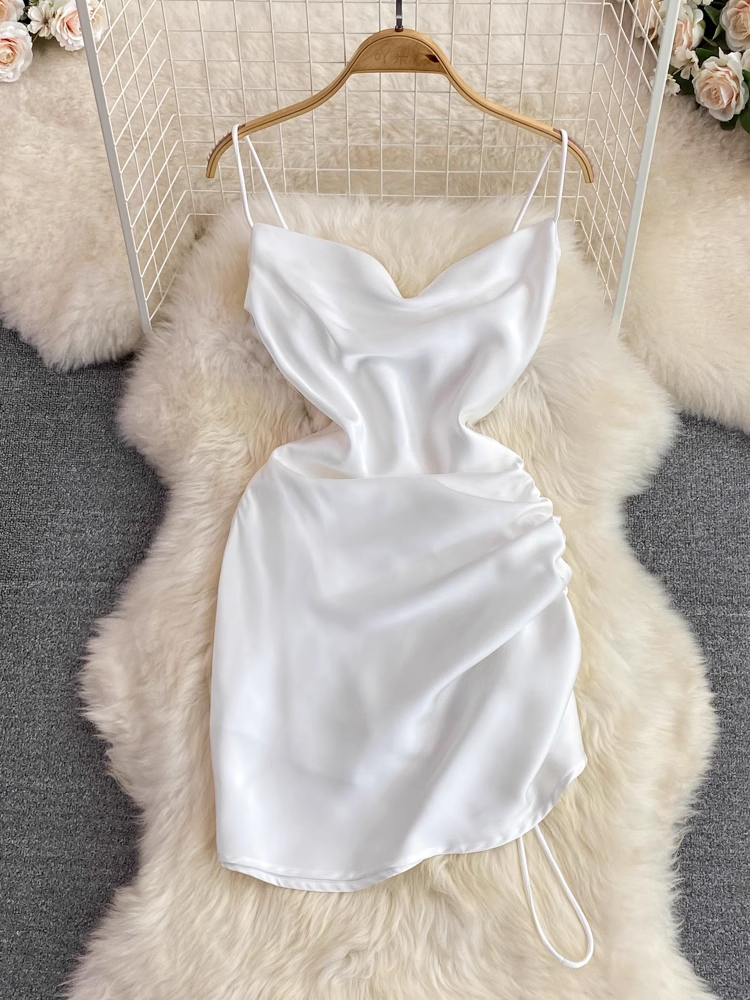 V-neck pleated suspender skirt irregular a-line dress