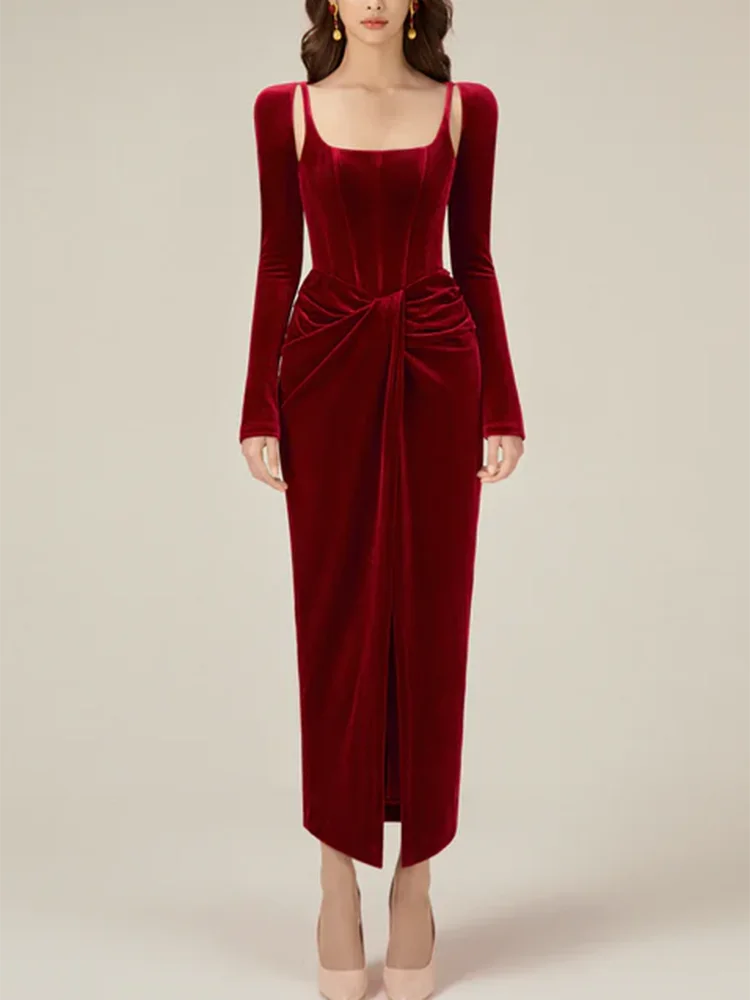 temperament square collar design with pleats and twists, solid color dress, long skirt, women's clothing