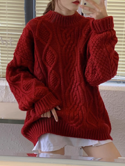 Loose and lazy knitted retro twist New Year and Christmas burgundy sweater