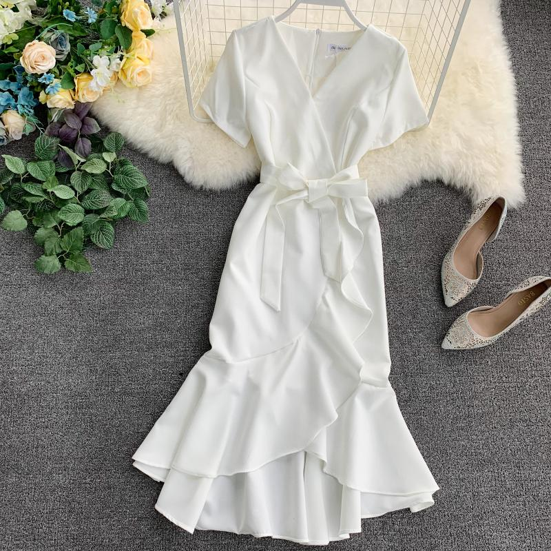 chic v neckline high low spring summer dress