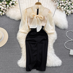 Bubble Short Sleeve Bowknot Tie Waist Slit Bodycon Dress