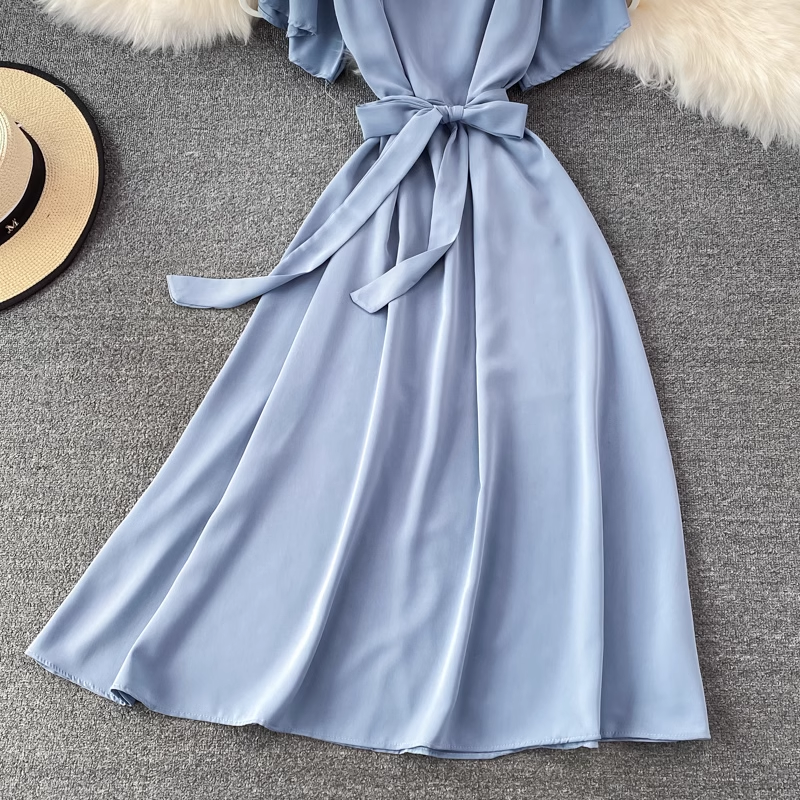 chic retro solid color ruffled mid-length square neck dress