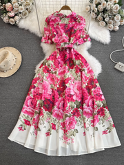 Short-sleeved suit collar waisted single-breasted A-line printed dress