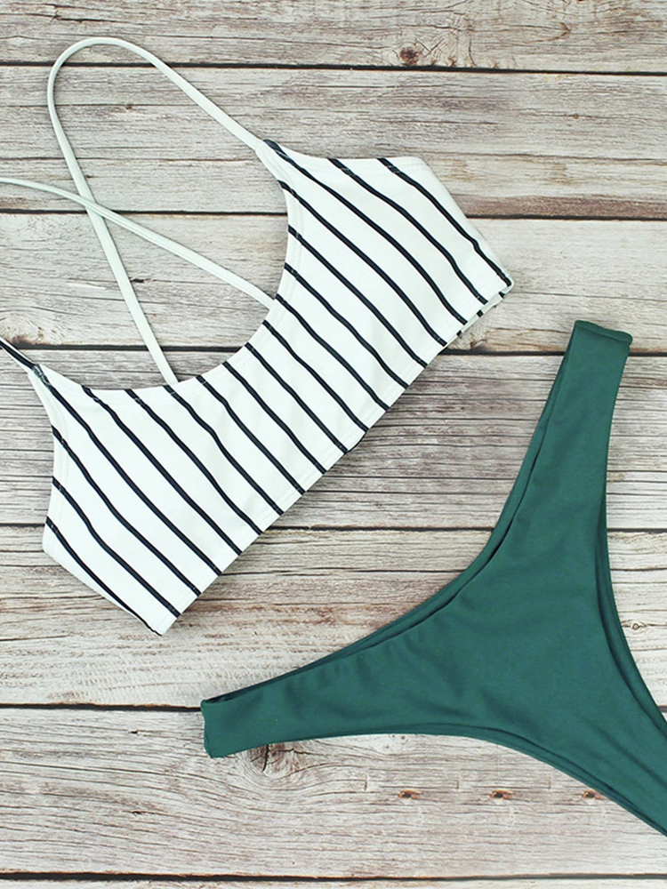 New Striped Print Bandage Lace Up Bikini