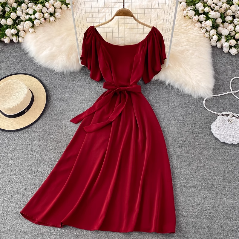 chic retro solid color ruffled mid-length square neck dress