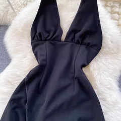 Black V-neck slit open back halter neck dress