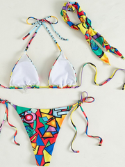 Three Pieces Geometric Print Bikini Set