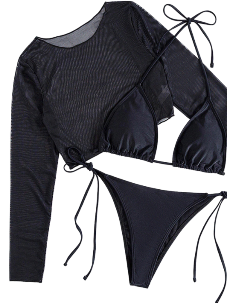 Mesh Three Pieces Bikini Long Sleeve Swimsuit