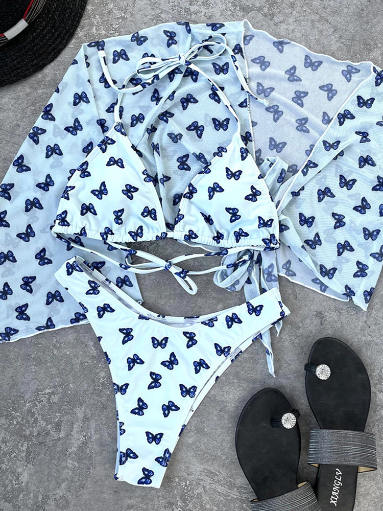 Butterfly Print Long Sleeve Three Pieces Bikini Set