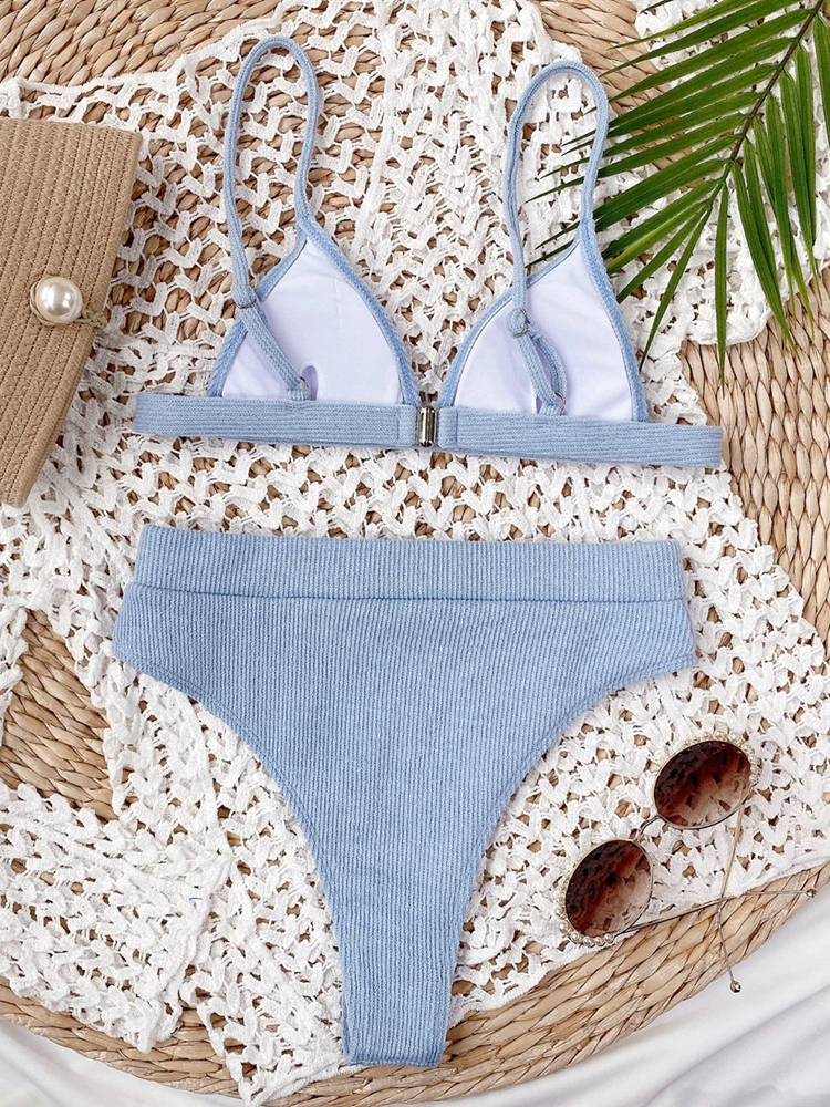 High Waist Push Up Solid Color Bikini Set