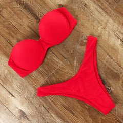 Solides zweiteiliges Push-Up-BH-Bikini-Set für Damen