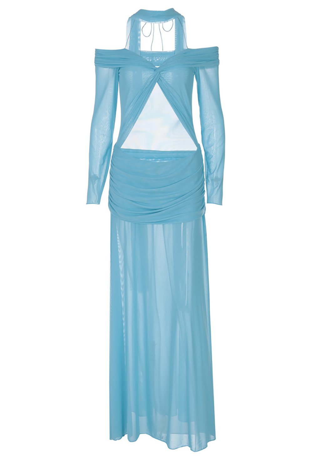 Off Shoulder Long Sleeve Cutout Ruched Semi Sheer Maxi Dresses - White