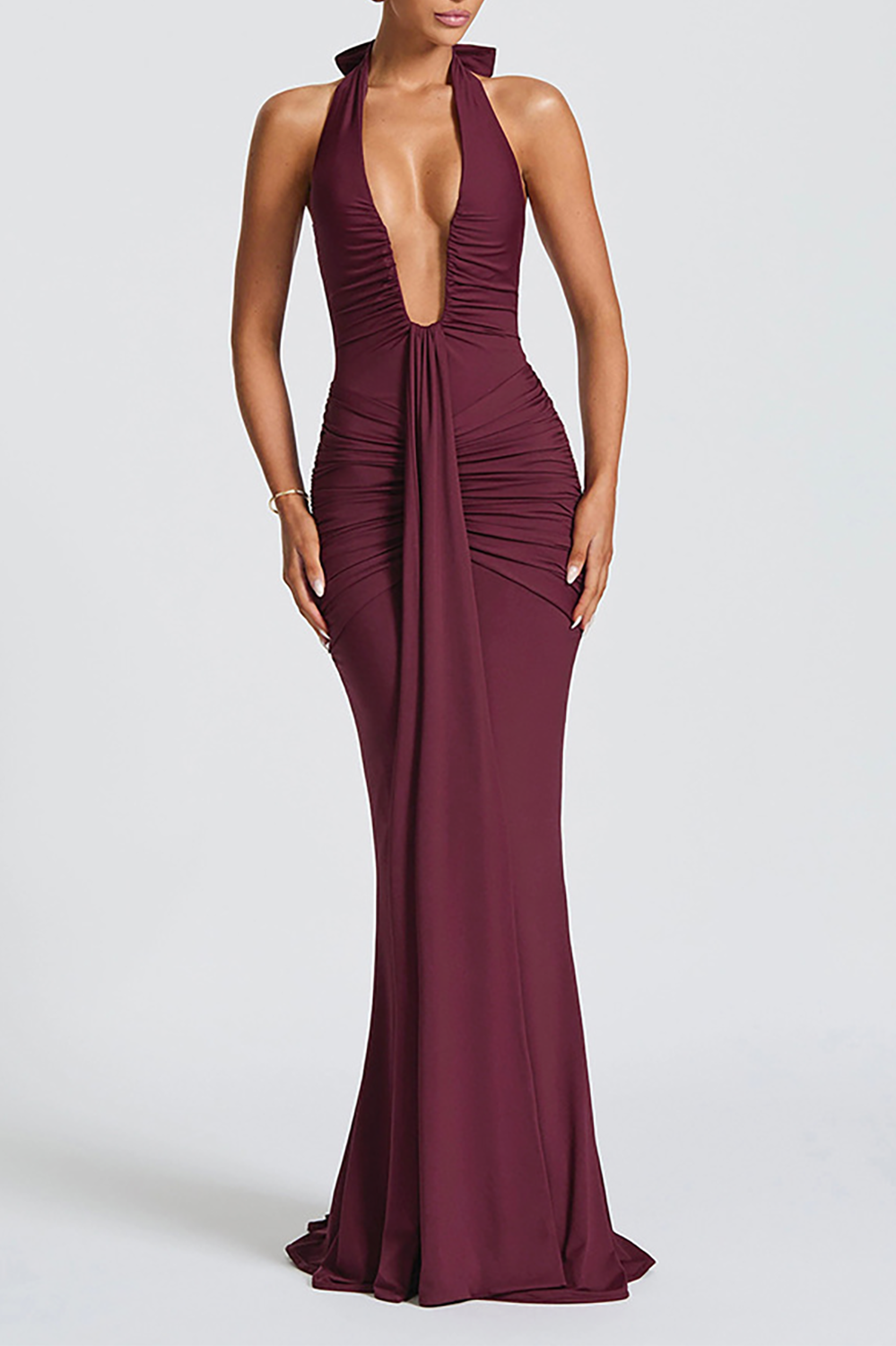 Deep V Neck Ruched Bodycon Solid Color Halter Maxi Dresses - Green