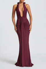 Deep V Neck Ruched Bodycon Solid Color Halter Maxi Dresses - Green