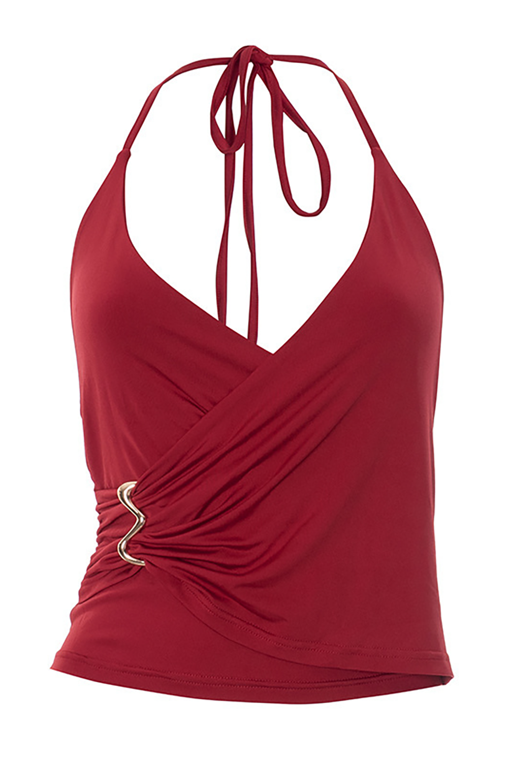 Deep V Neck Halter Metal Decor Wrapped Ruched Slim Fit Crop Top - Burgundy