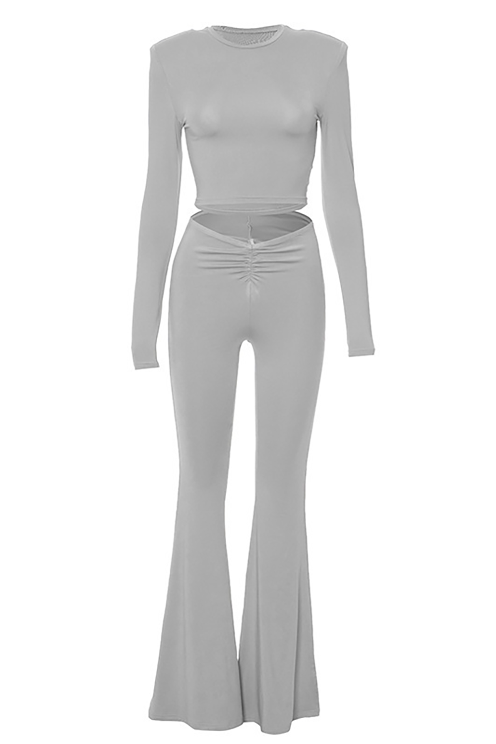 Long Sleeve Crop Top Flared Pants Solid Color 2pcs Set - Grey