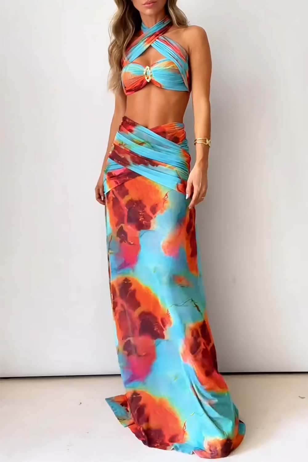 Abstract Print Halter Crop Top Side Slit Maxi Skirt 2pcs Set - Blue
